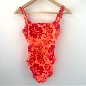 NWT Vintage Hawaiian Floral Print OnePieceSwimsuit retro neon orange red 80s 90s